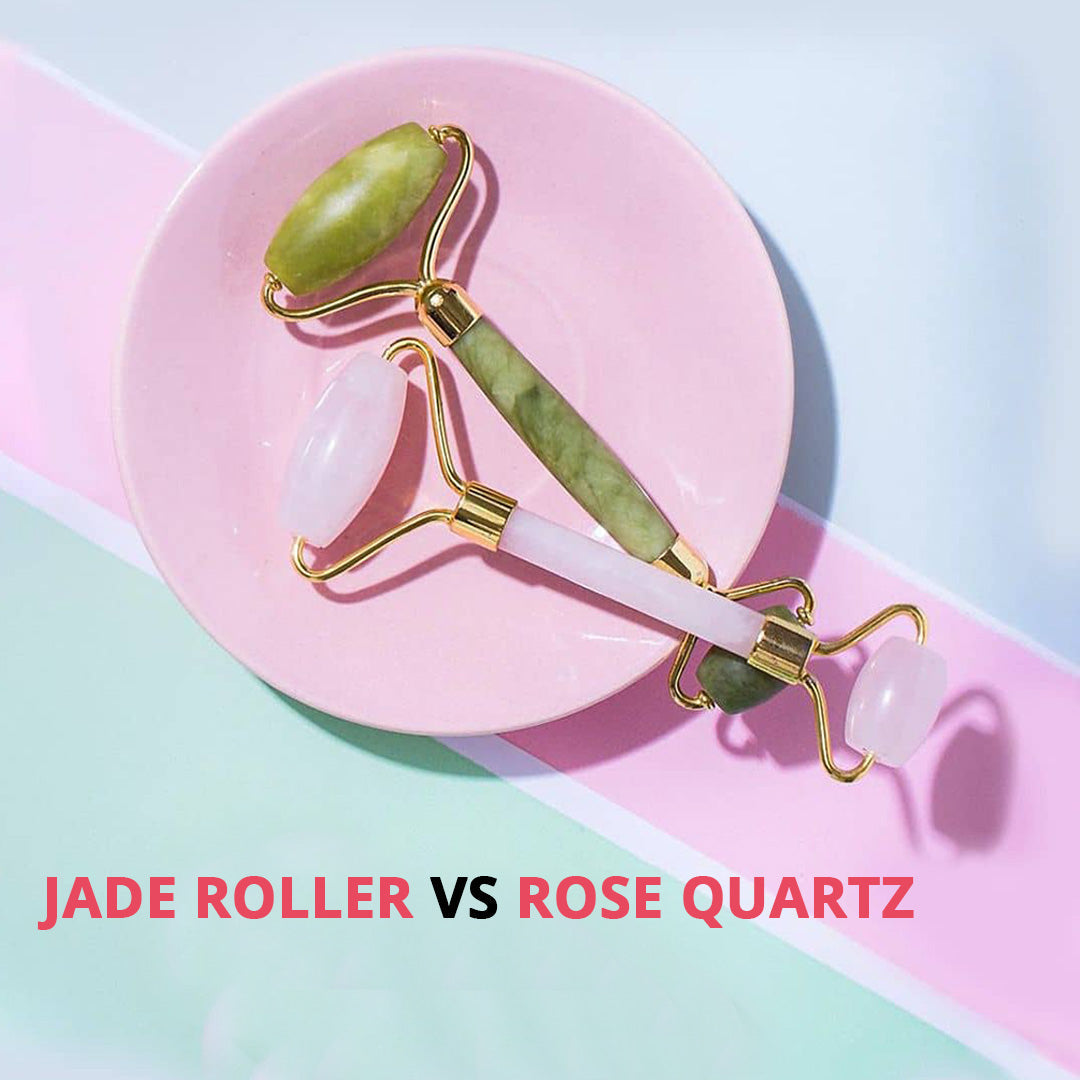 Jade roller vs Rose Quartz roller difference in skincare face tools for face yoga by house of beauty india
