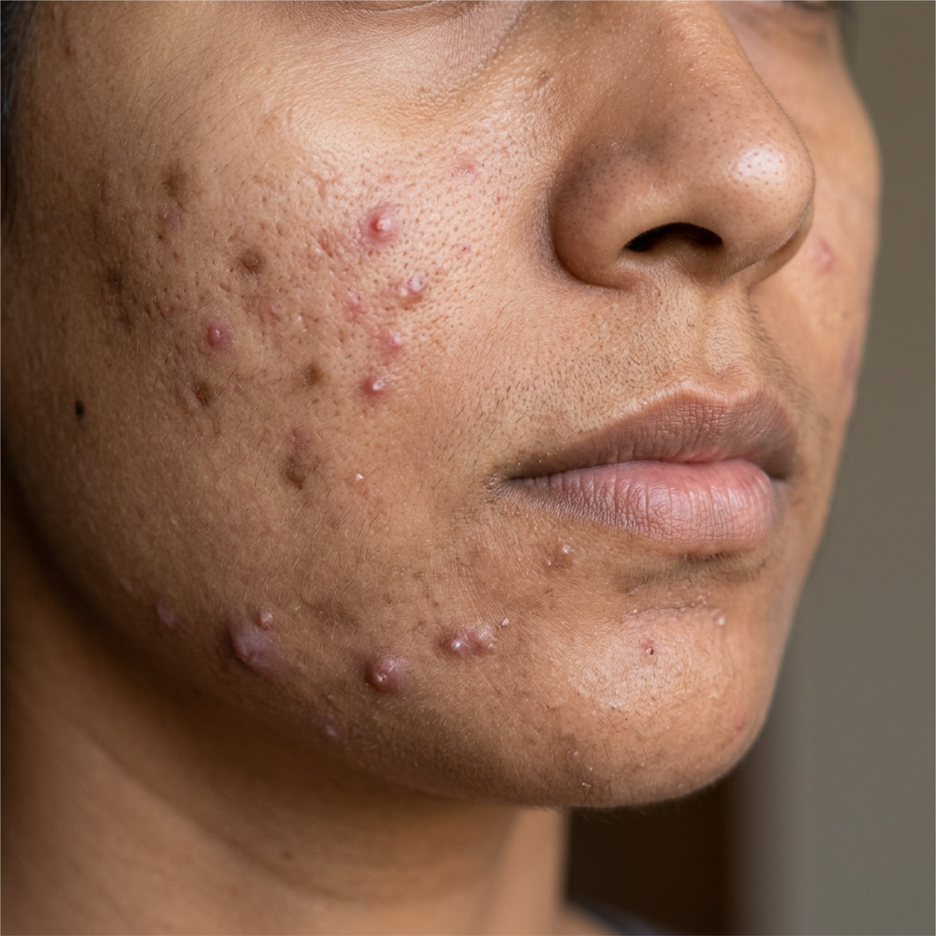 Close-up of a person’s cheek and jawline with active acne, pimples, and acne marks visible on the skin.