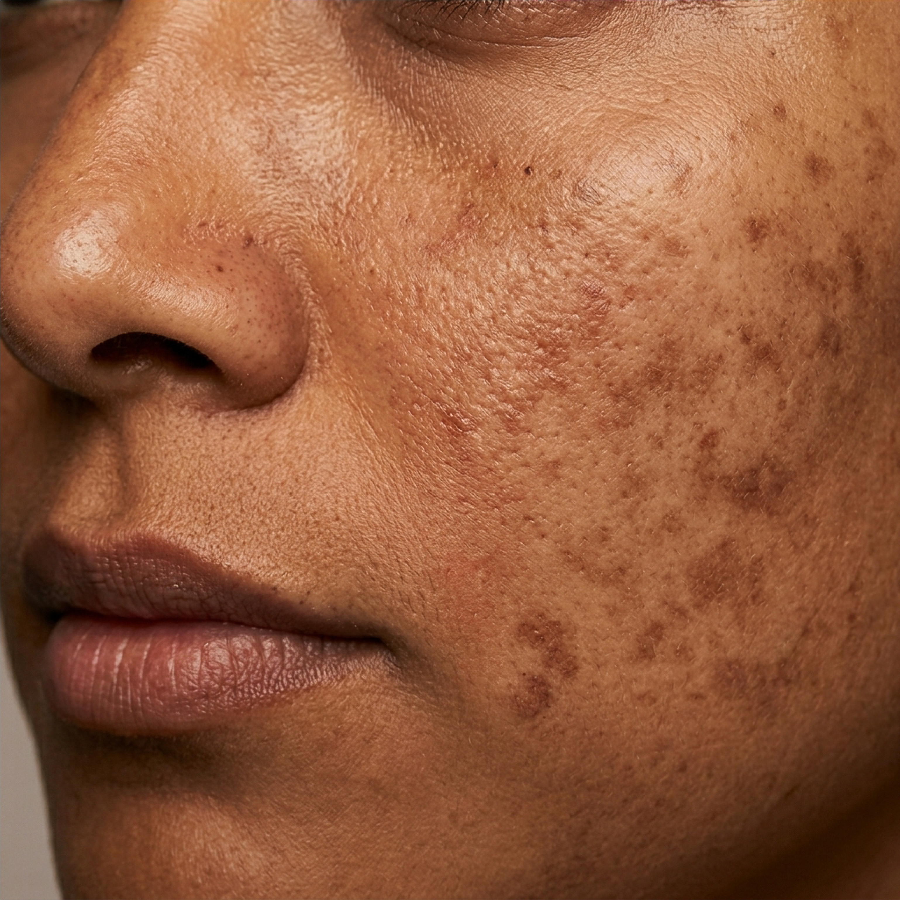 Close-up of a cheek with dark spots, acne pigmentation, and uneven skin tone.