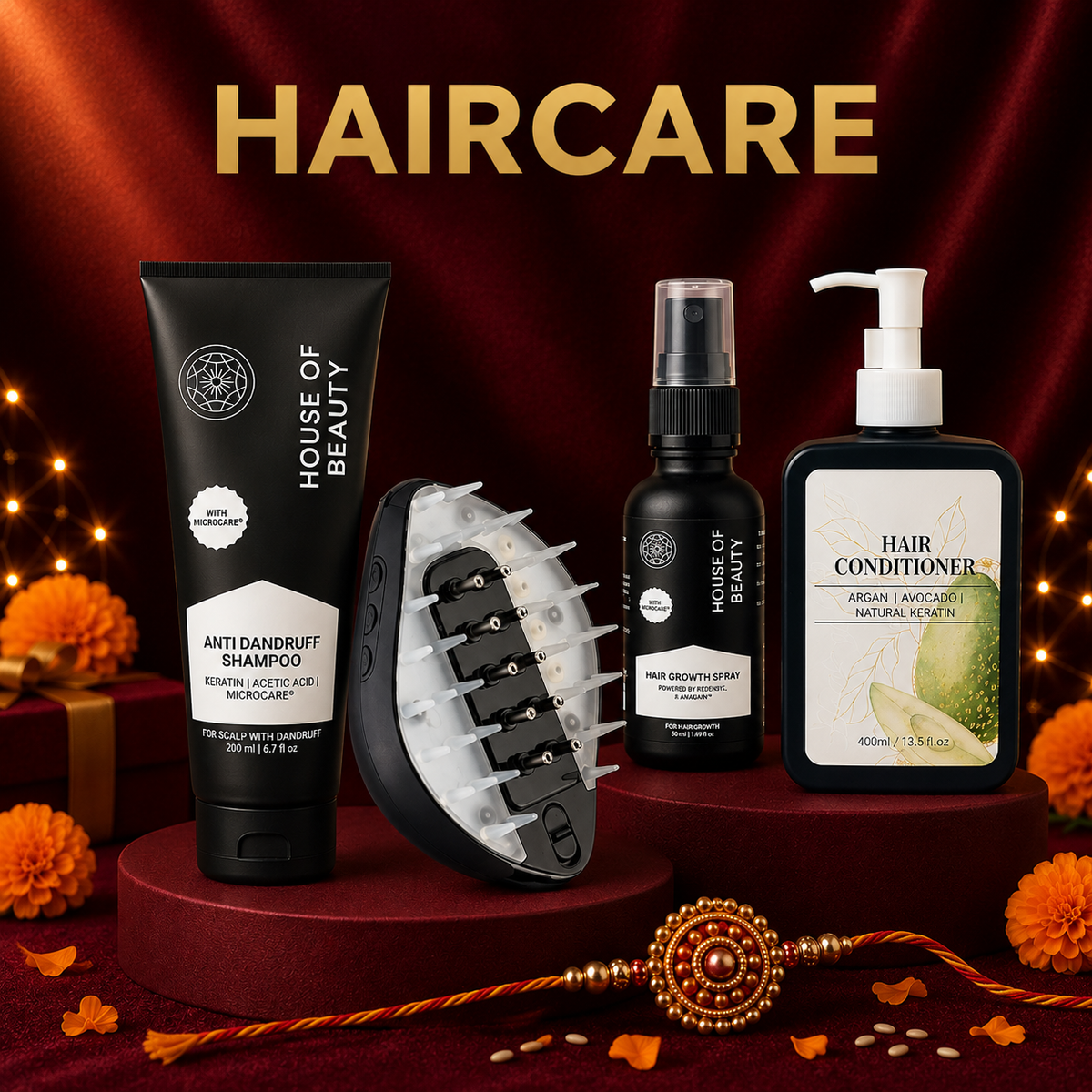 Flat lay of hair care items on a pink tiled surface, including a bottle of Black Seed Onion Oil for hair fall reduction, a jade comb for relaxation, a hair scrunchie, a derma roller for collagen boost and wrinkles, at House of Beauty India.