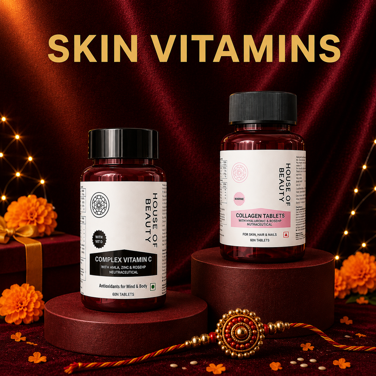 Three bottles of hair and skin supplements on a white background, with two bottles on white cylindrical blocks and one laying flat. The bottles have yellow, pink, and green labels reading VITAMIN C COMPLEX, COLLAGEN, and IMMUNITY BOOSTER.