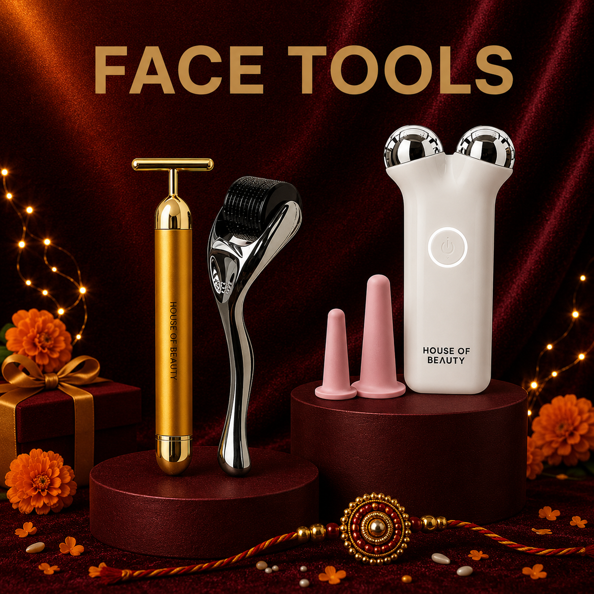 Professional facial massage tools including gua sha for aging, jade roller for skin tightening, face roller, and derma roller for puffiness on pink background at House of Beauty India.