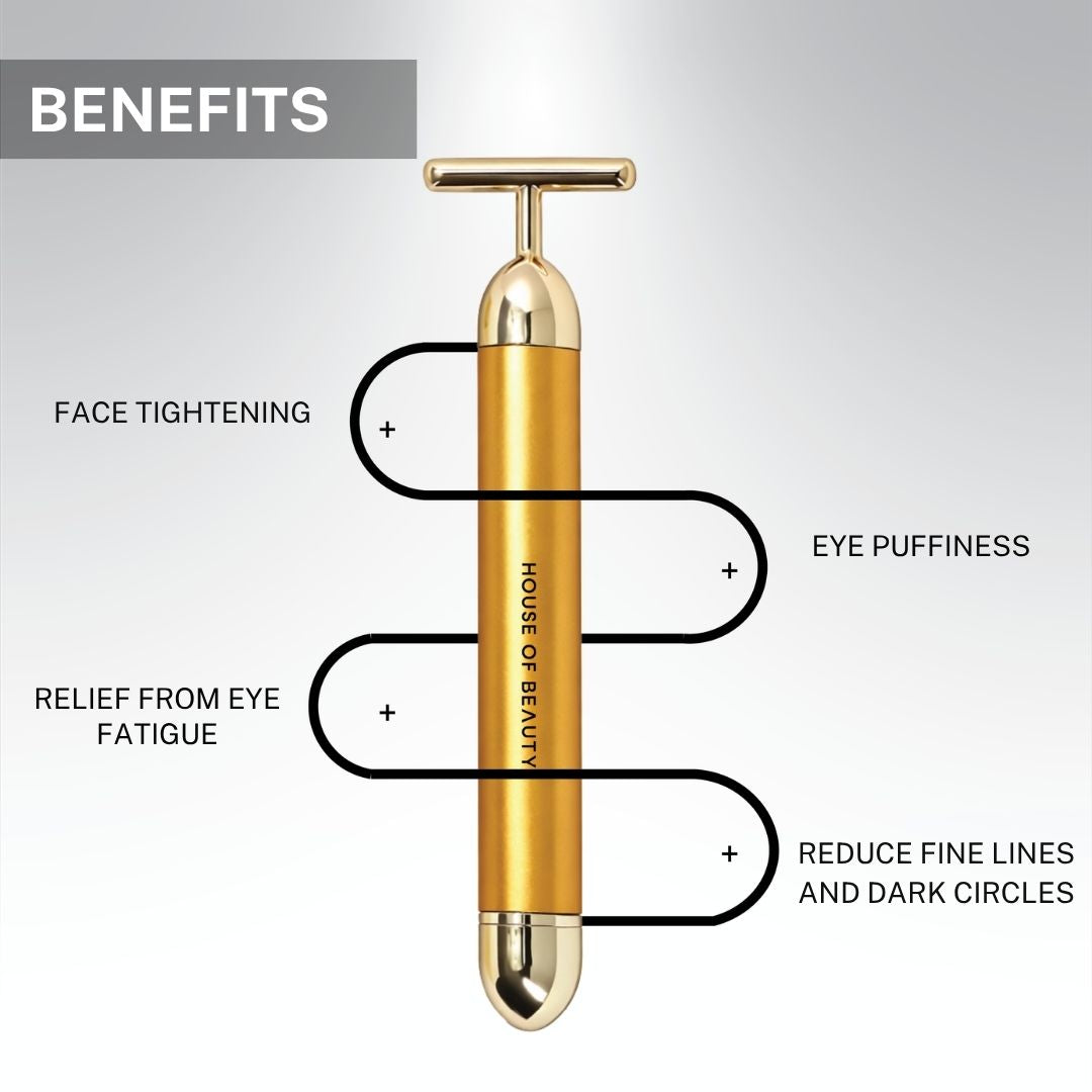 Infographic showing House of Beauty 24K Face Massager benefits – face tightening, reduces eye puffiness, relief from eye fatigue, and reduces fine lines and dark circles