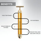 Infographic showing House of Beauty 24K Face Massager benefits – face tightening, reduces eye puffiness, relief from eye fatigue, and reduces fine lines and dark circles