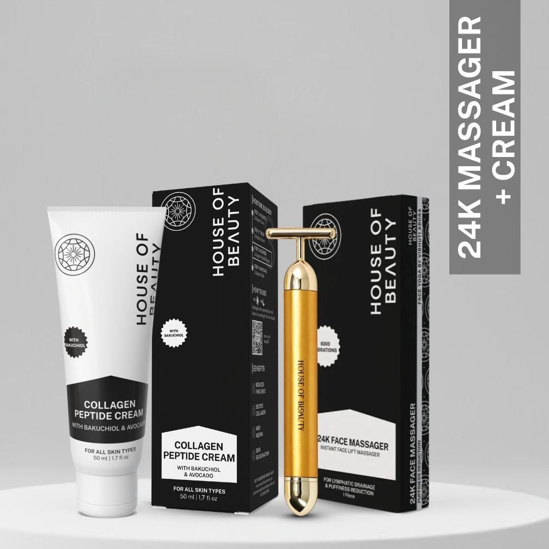 House of Beauty 24K Face Massager with Collagen Peptide Cream in premium black packaging on a neutral background.
