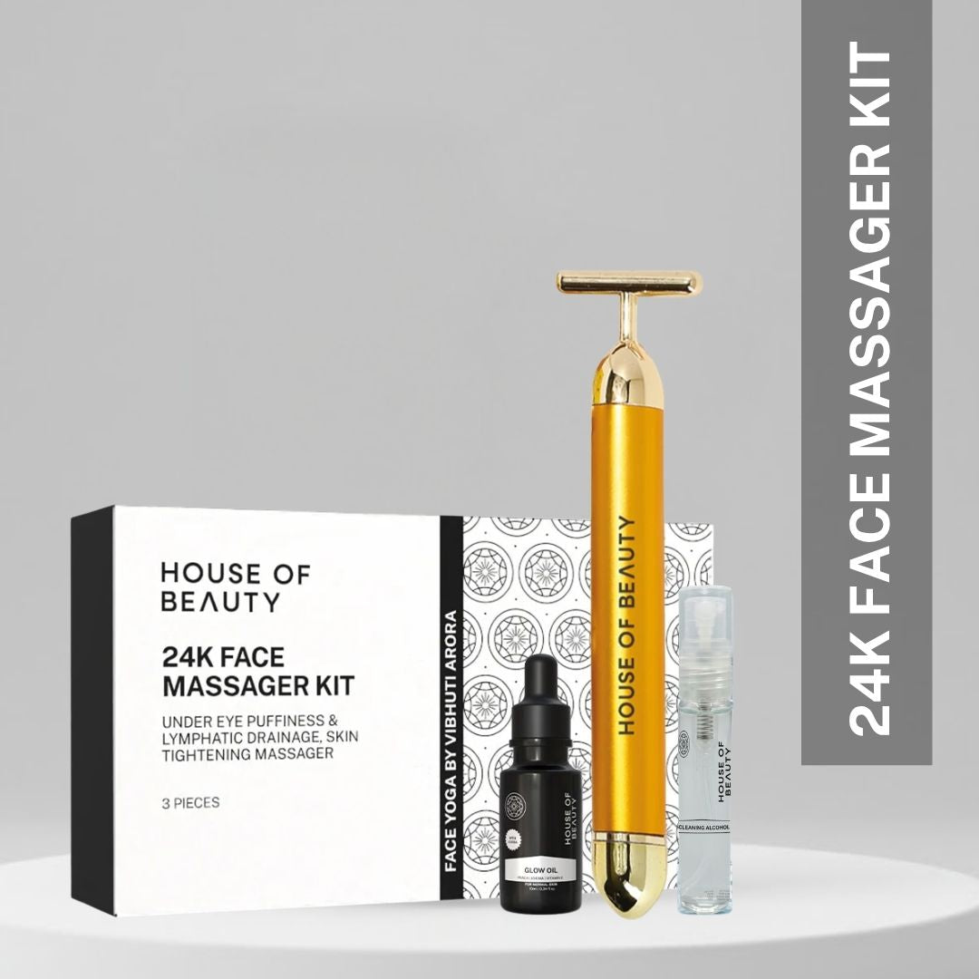 House of Beauty 24K Face Massager Kit 3 pieces with Glow Oil and Cleaning Alcohol in white packaging box for under eye puffiness lymphatic drainage and skin tightening by Vibhuti Arora