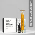House of Beauty 24K Face Massager Kit 3 pieces with Glow Oil and Cleaning Alcohol in white packaging box for under eye puffiness lymphatic drainage and skin tightening by Vibhuti Arora