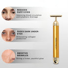 House of Beauty 24K Face Massager problem solution infographic showing reduction of puffy eyes by improving blood circulation and lymphatic drainage, fading dark under-eyes by stimulating collagen production, and smoothing wrinkles for firmer youthful glow