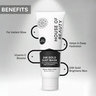 24K Gold Dust Mask highlighting benefits including instant glow, vitamin C boost, deep hydration, and skin brightening with 24K gold.