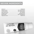 Ingredient breakdown of 24K Gold Dust Mask listing vitamin C, papaya extract, licorice extract, aloe vera, orange extract, niacinamide, and hyaluronic acid with their skincare benefits.