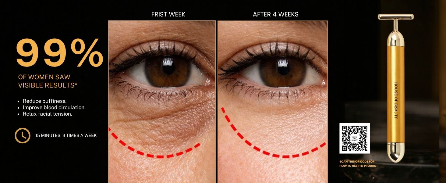Before and after results of the House of Beauty 24K Gold Face Massager showing reduced under-eye puffiness, improved circulation, and smoother-looking skin after four weeks of regular use.