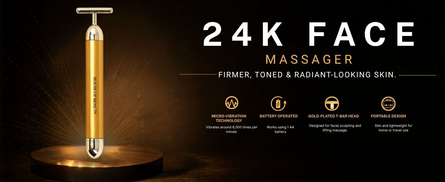 House of Beauty 24K Gold Face Massager with micro-vibration technology for facial sculpting, skin tightening, lymphatic drainage, and improved blood circulation. Portable T-bar beauty tool for glowing skin.