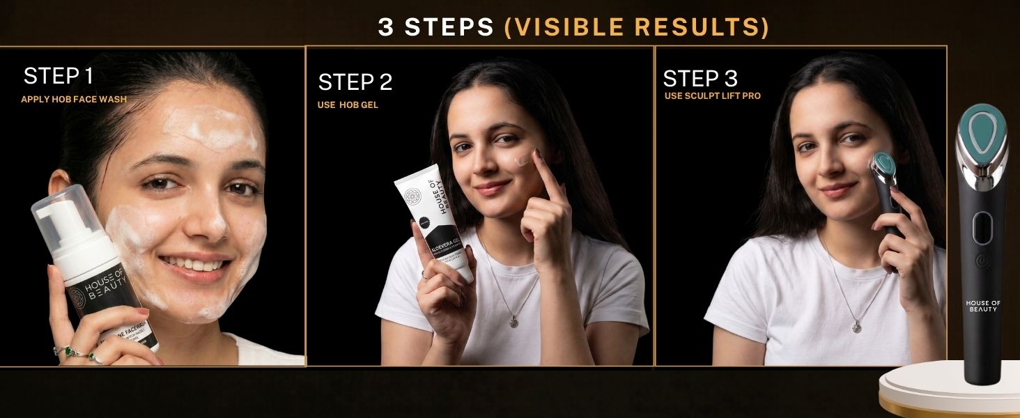Three-step facial routine using House of Beauty Face Wash, Aloe Vera Gel, and Sculpt Lift Pro™ microcurrent device for lifting, toning, and glowing skin.