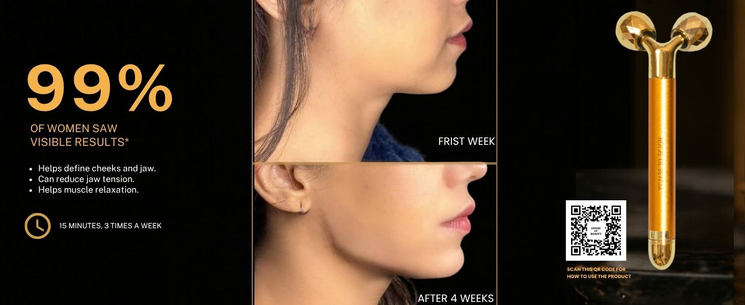 Before and after results of the House of Beauty 3D Face Massager showing improved jawline definition, facial contouring, reduced tension, and a more sculpted appearance after four weeks of regular use.