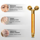 House of Beauty 3D Face Massager benefits showing reduction of droopy eyebrows, fading double chin and smoothing saggy cheeks for firmer lifted contour