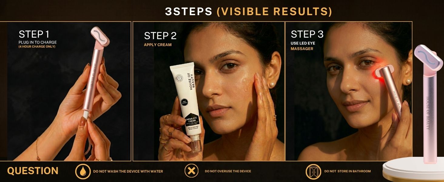 Under-eye care routine using LED Eye Massager and eye cream for brighter, smoother, and refreshed-looking eyes
