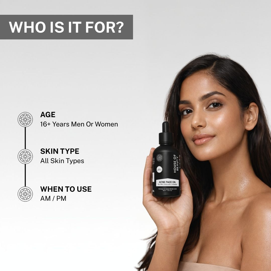 House of Beauty Acne Face Oil suitable for all skin types, targeting acne and promoting a clear complexion for both men and women aged 16+.