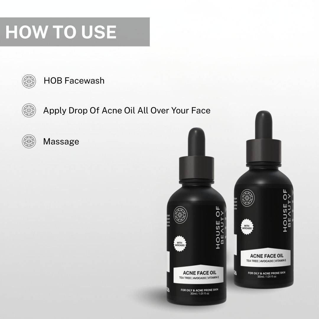 Instructions for using House of Beauty Acne Face Oil: Cleanse with Facewash, apply acne oil, and massage to target pimples and acne-prone skin.