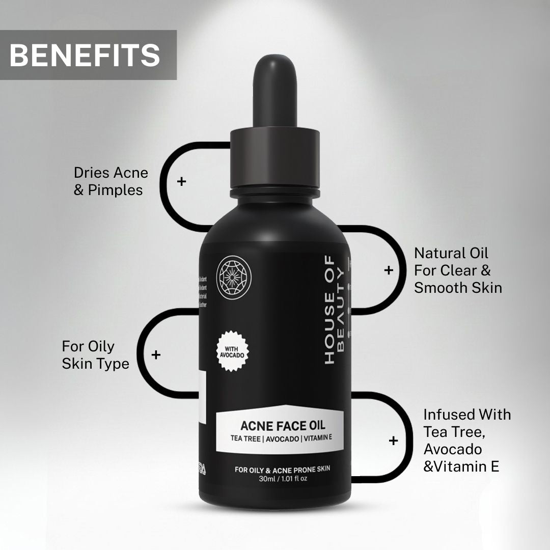 Acne face oil by House of Beauty with tea tree, avocado, and vitamin E to treat acne, balance oily skin, and promote smooth skin.