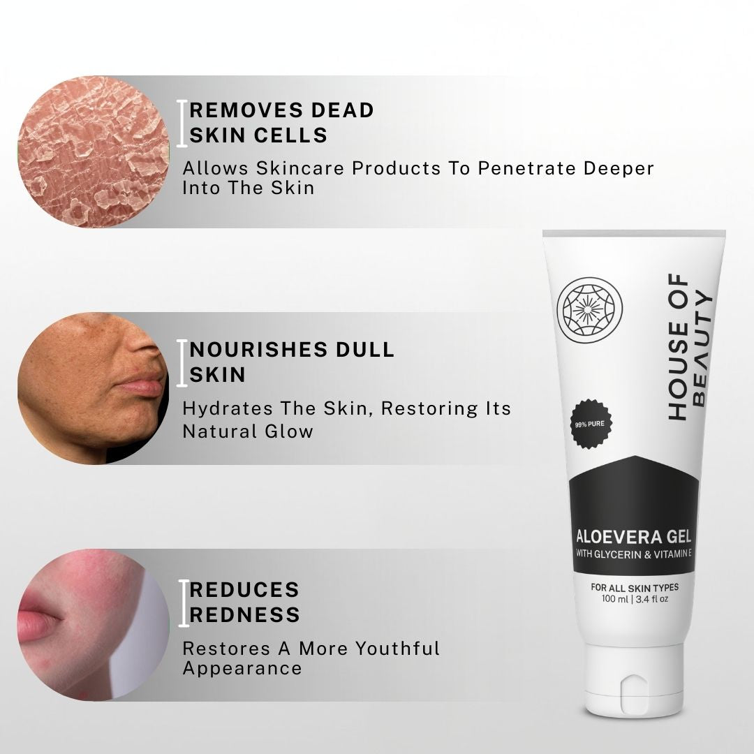 Aloe vera gel helping remove dead skin cells, nourish dull skin and reduce redness for healthier glowing skin.