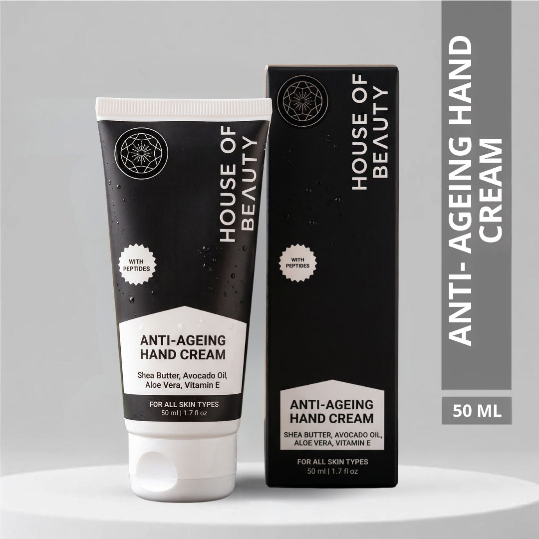 House of Beauty Anti-Ageing Hand Cream 50ml with peptides, shea butter, avocado oil, aloe vera, and vitamin E for soft, youthful-looking hands.