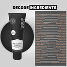 Infographic titled 'Decode Ingredients' listing ingredients like ANAGAINTM (Organic Pea Sprout), Biotin (Vitamin B7), Keratin, Argan Oil, and Bhringraj Extract with their functions (e.g., Hair Repairer, Humectant, Anti-aging).