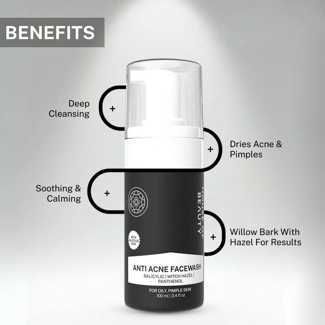 House of Beauty Anti Acne Facewash highlighting benefits such as deep cleansing, soothing and calming skin, drying acne and pimples, and willow bark with witch hazel for clearer skin.