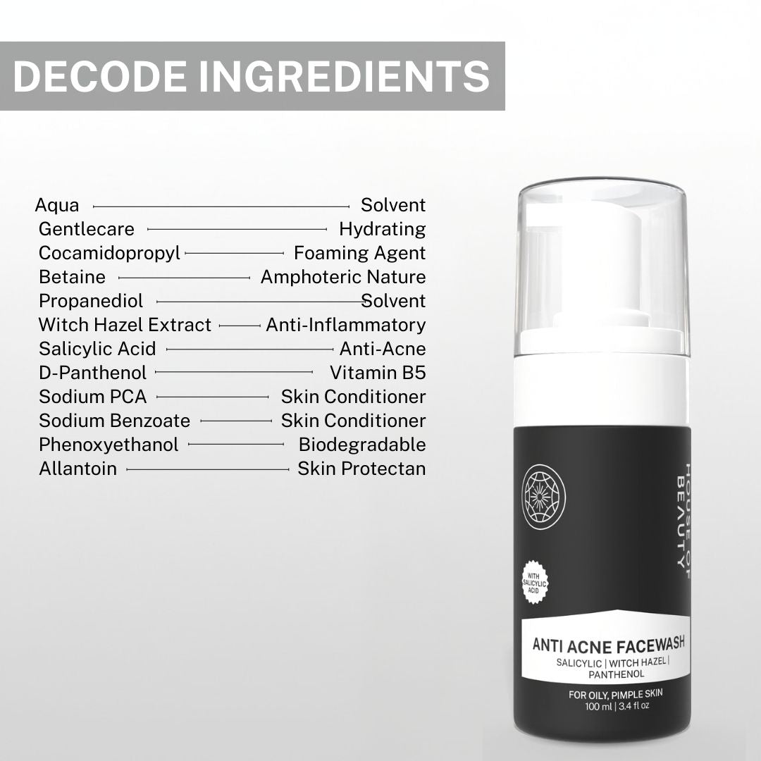 Ingredient breakdown of House of Beauty Anti Acne Facewash listing aqua, gentlecare, cocamidopropyl betaine, witch hazel extract, salicylic acid, panthenol, sodium PCA, allantoin, and other skin-conditioning agents.