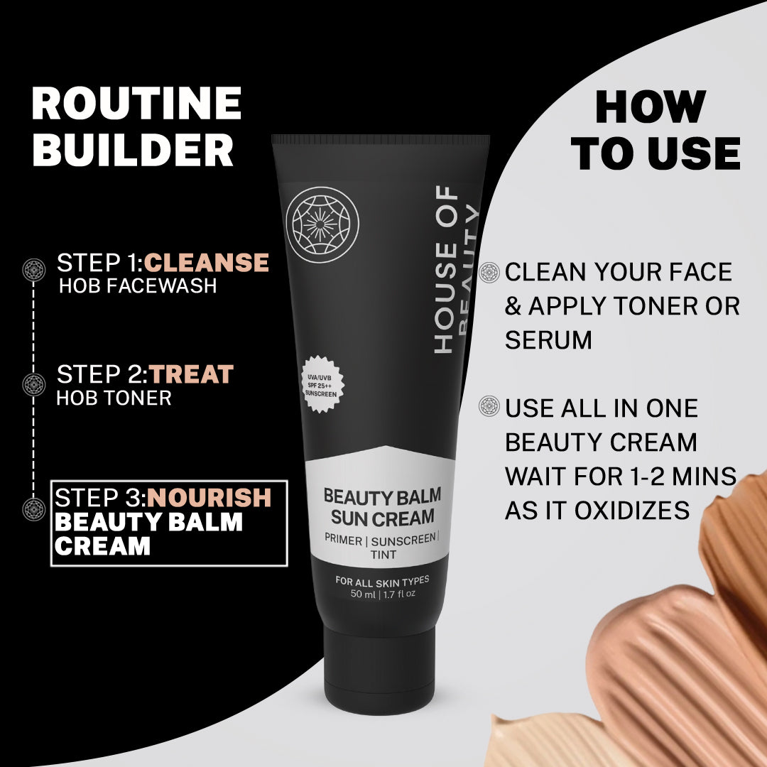 House of Beauty BB Cream with SPF — one-shade-fits-all tinted moisturizer with sun protection that evens skin tone, conceals blemishes, and gives a natural dewy glow for all Indian skin tones.