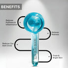 Infographic showing Blue Ice Globe benefits – reduces puffiness and inflammation, relieves redness, reduces eye dark circles, and gives fresh bright skin