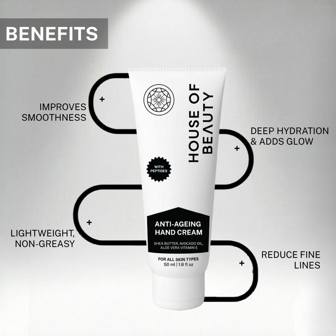 Benefits of House of Beauty Anti-Ageing Hand Cream including deep hydration, glow, reduced fine lines, and smooth skin.