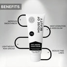 Benefits of House of Beauty Anti-Ageing Hand Cream including deep hydration, glow, reduced fine lines, and smooth skin.