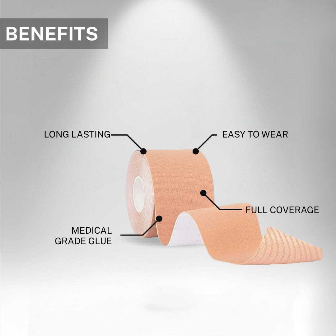 Breast lift tape benefits including medical grade glue, easy wear, full coverage and long-lasting hold