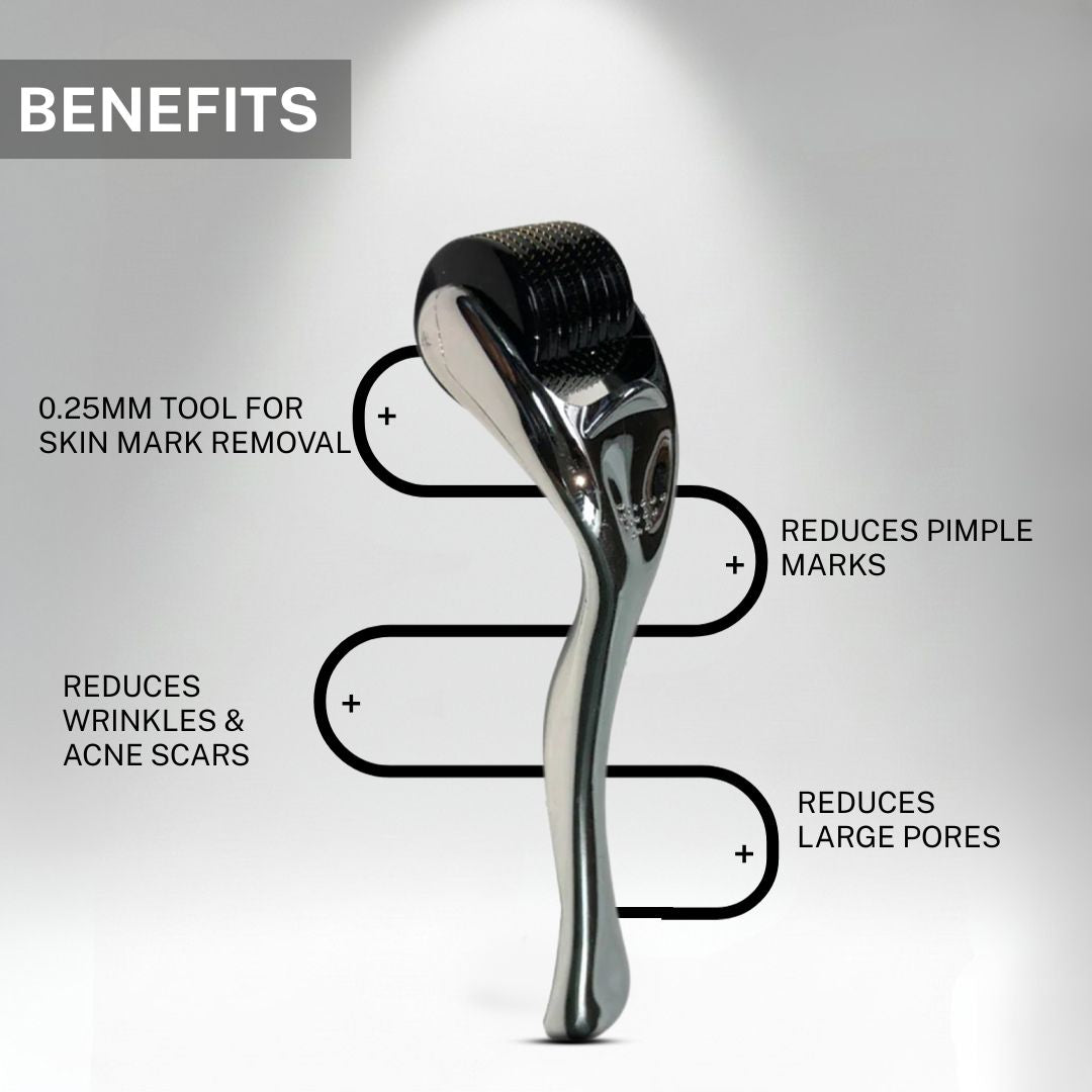 Infographic showing benefits of the 0.25mm derma roller including reducing pimple marks, minimizing wrinkles and acne scars, shrinking large pores, and improving skin texture.