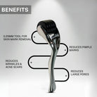 Infographic showing benefits of the 0.25mm derma roller including reducing pimple marks, minimizing wrinkles and acne scars, shrinking large pores, and improving skin texture.