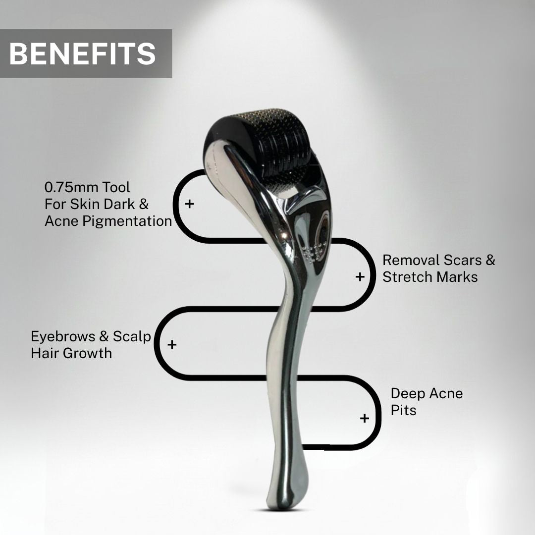 Infographic highlighting benefits of the 0.75mm derma roller including reducing dark pigmentation, improving acne scars, supporting eyebrow and scalp hair growth, and minimizing stretch marks.