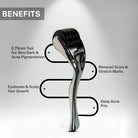 Infographic highlighting benefits of the 0.75mm derma roller including reducing dark pigmentation, improving acne scars, supporting eyebrow and scalp hair growth, and minimizing stretch marks.