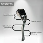 Infographic showing benefits of the 1.0mm derma roller including reducing hair fall, stimulating new hair growth, improving scalp health, and helping hair thinning and balding.
