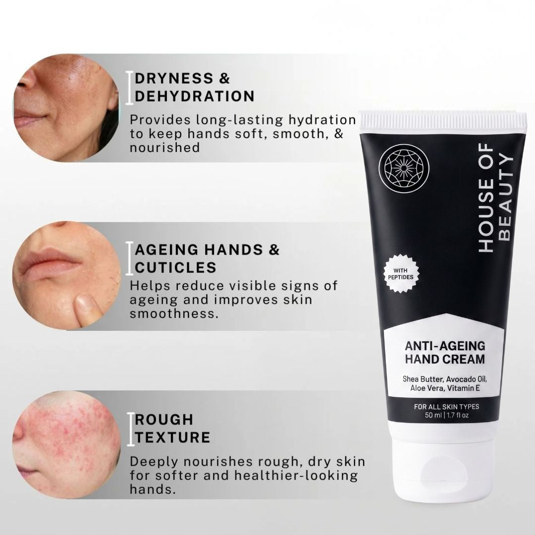 Anti-ageing hand cream providing deep hydration, smoother skin, lightweight non-greasy texture, natural glow, and reduced appearance of fine lines.