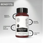 Infographic showing benefits of House of Beauty Complex Vitamin C tablets including immunity boost, wound healing, healthy skin, and cardiovascular support.