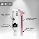 House of Beauty Under Eye Care Kit benefits. The Under Eye Cream deeply nourishes and hydrates while restoring a youthful glow. The LED Eye Massager reduces puffiness, fluid retention, and boosts product absorption for enhanced effectiveness.