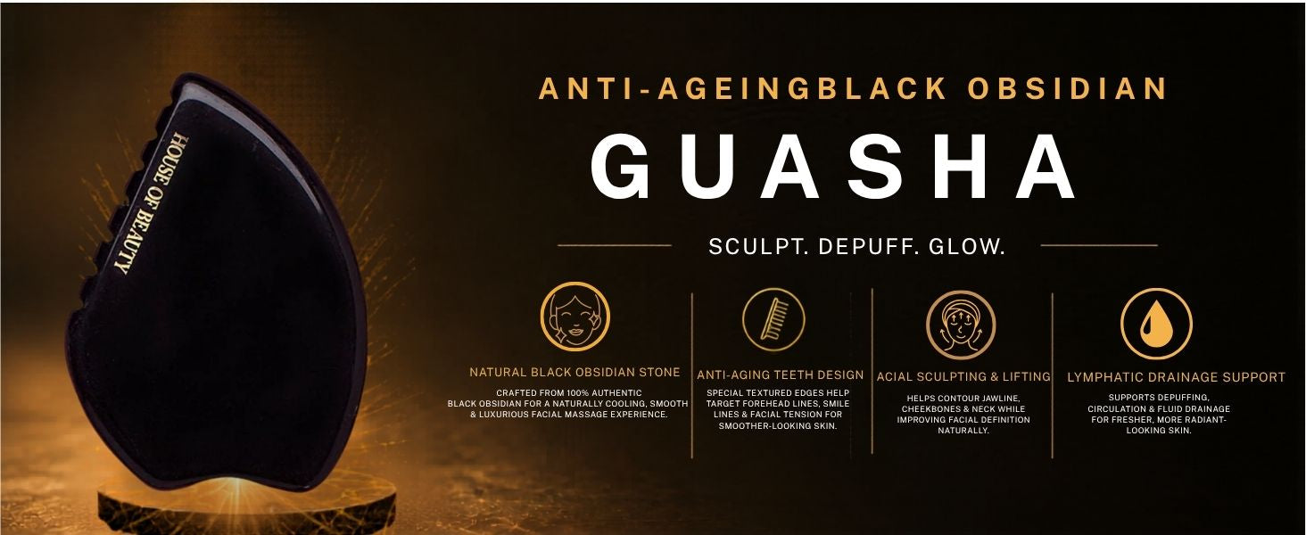 House of Beauty Black Obsidian Gua Sha made from natural black obsidian stone to sculpt facial contours, reduce puffiness, support lymphatic drainage, and promote a firmer, more defined appearance.