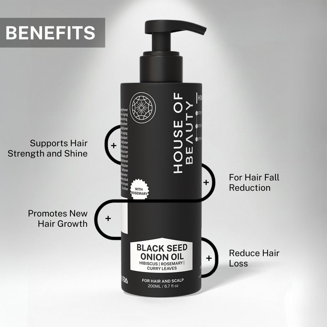 Black Seed Onion Hair Oil highlighting benefits including supports hair strength and shine, promotes new hair growth and reduces hair fall.