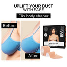 A comparison image showing the effect of the tape, titled "UPLIFT YOUR BUST WITH EASE" and "Flix body shaper." It features "Before" and "After" close-ups of a bust showing a significant lift, alongside the product box and a roll of the light-colored tape.