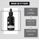 "Who is it for?" graphic for House of Beauty Bright Skin Serum. Answers: Age (18+ years, Men or Women), Skin Type (All skin types), and When to Use (AM, PM).