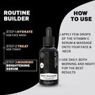 Routine Builder graphic for House of Beauty Bright Skin Serum. Shows 3 steps: 1) Hydrate (HOB Face Wash), 2) Treat (HOB Toner), 3) Nourish (Brightening Serum). Usage instructions: Apply a few drops morning and night and massage onto face and neck.