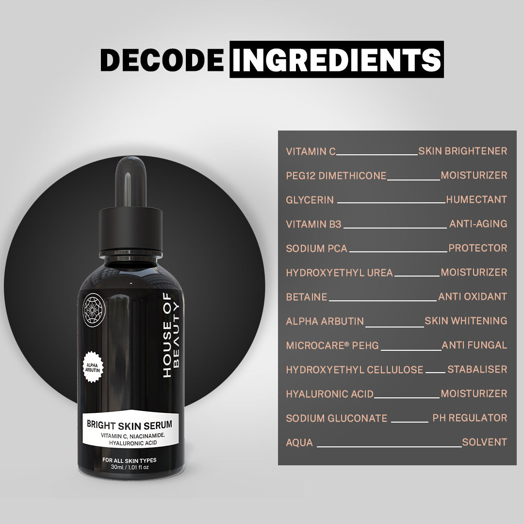 Decode Ingredients" graphic for House of Beauty Bright Skin Serum. Lists ingredients and functions, including Vitamin C (Skin Brightener), Niacinamide (Vitamin B3 / Anti-Aging), Hyaluronic Acid (Moisturizer), and Alpha Arbutin (Skin Whitening).