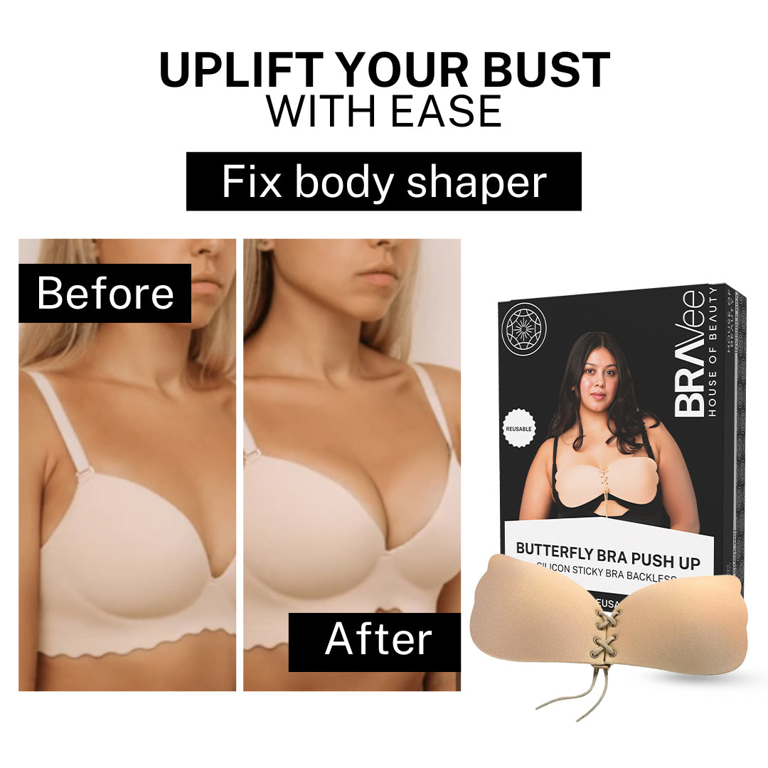 A "Before" and "After" comparison image titled "UPLIFT YOUR BUST WITH EASE". The "Before" shot shows a woman wearing a regular bra, and the "After" shot shows the woman's bust lifted, likely using the featured "BUTTERFLY BRA PUSH UP". The product box and the beige, reusable, lace-up silicone bra are shown on the right.
