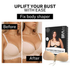 A "Before" and "After" comparison image titled "UPLIFT YOUR BUST WITH EASE". The "Before" shot shows a woman wearing a regular bra, and the "After" shot shows the woman's bust lifted, likely using the featured "BUTTERFLY BRA PUSH UP". The product box and the beige, reusable, lace-up silicone bra are shown on the right.