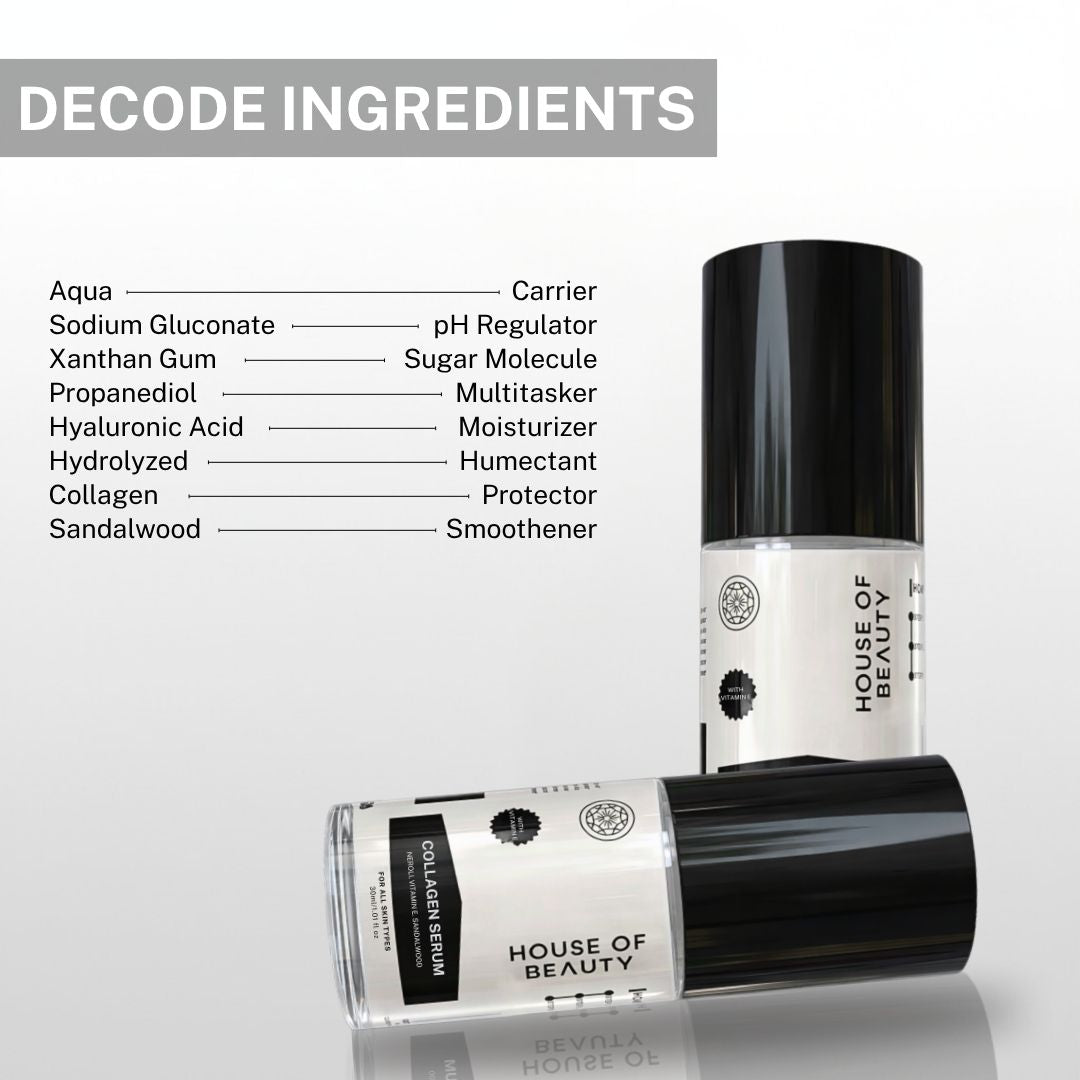 collagen serum ingredients including hyaluronic acid hydrolyzed collagen sandalwood and vitamin e for skin hydration